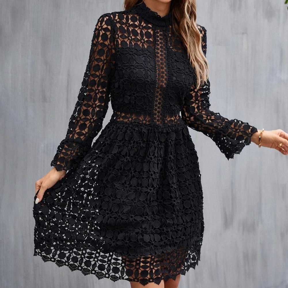 black Mock Neck Flounce Sleeve Lace Dress - Picture 8 of 10